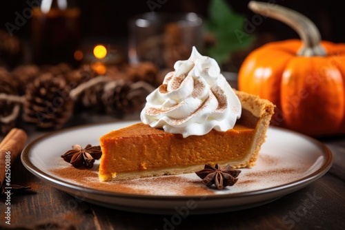 Pumpkin pie adorned with cream cinnamon and a slice missing photo