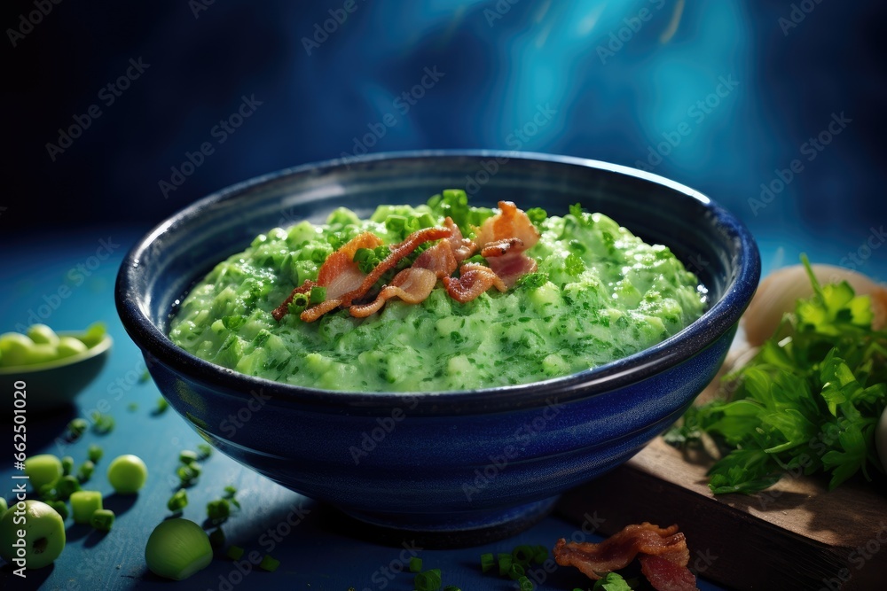 Selective focus on a blue background pea soup with bacon and parsley in a bowl