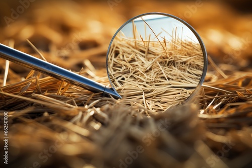Searching for a needle in a haystack with a magnifying glass photo