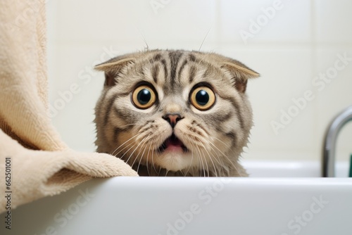 Scared or surprised Scottish fold cat with wide open eyes and shocking expression on its face while viewing something