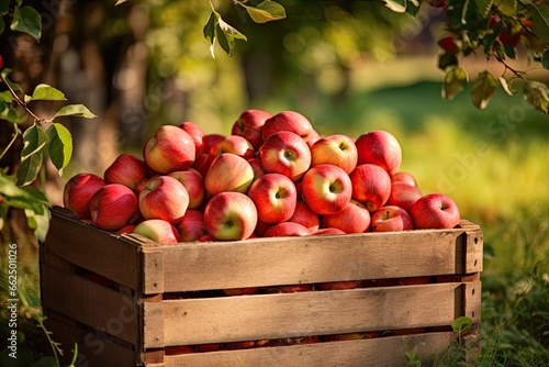 September harvest of fresh organic apples in Poland stored in a wooden crate