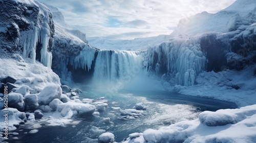 Winter gorge with a majestic frozen waterfall, glistening ice transforming the landscape.