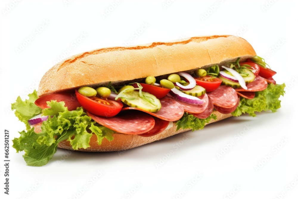 Tasty white isolated sandwich with fresh veggies and salami Tasty white isolated sandwich with fresh veggies and salami