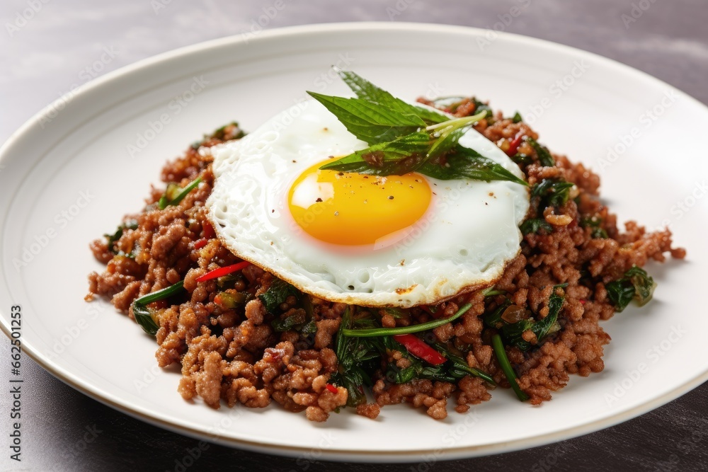 Thai basil and pork stir fry with fried egg on plate Thai basil and pork stir fry with fried egg on plate