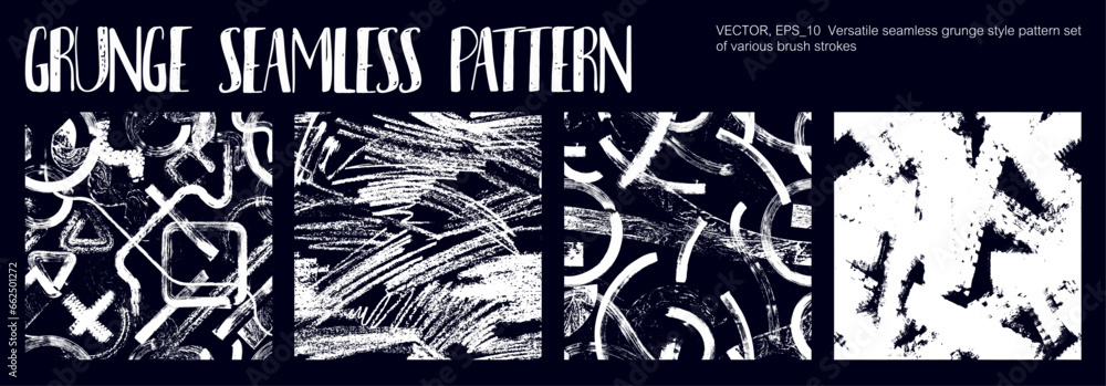 Creative grunge seamless patterns drawn by hand with a brush. Brush strokes, splatters, ink, chalk strokes and roller marks. Seamless pattern grunge texture. Decorative texture graphic box. Vector set Creative grunge seamless patterns drawn by hand with a brush. Brush strokes, splatters, ink, chalk strokes and roller marks. Seamless pattern grunge texture. Decorative texture graphic box. Vector set