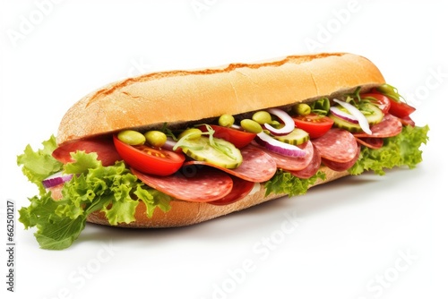 Tasty white isolated sandwich with fresh veggies and salami