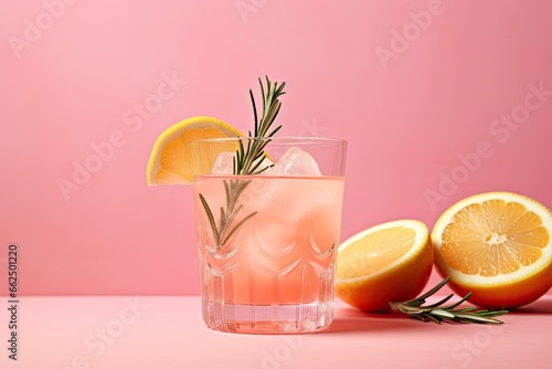 Tequila or lemonade with grapefruit and rosemary on pink background