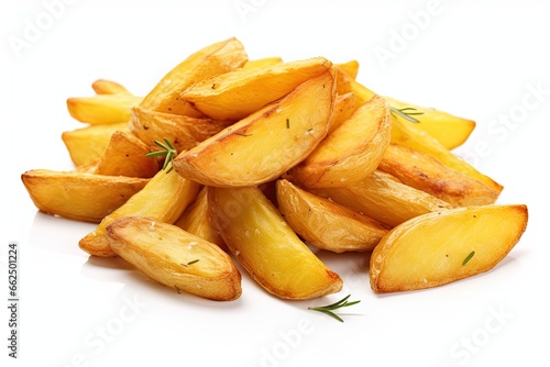 Tasty fried potato wedges on white background