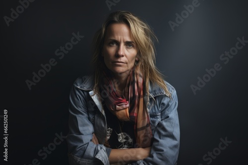 Portrait of a beautiful woman with long blond hair wearing a denim jacket on a dark background