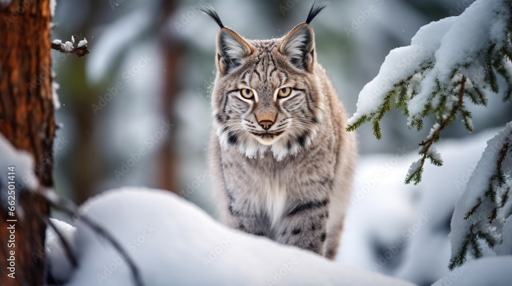 Winter lynx prowling through a snow-laden pine forest, its tufted ears and piercing eyes creating a scene of quiet intensity in the heart of winter.