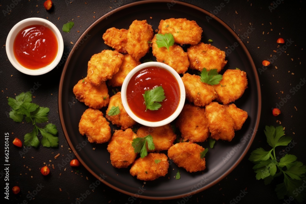Top view of crispy chicken nuggets served with tomato sauce Top view of crispy chicken nuggets served with tomato sauce