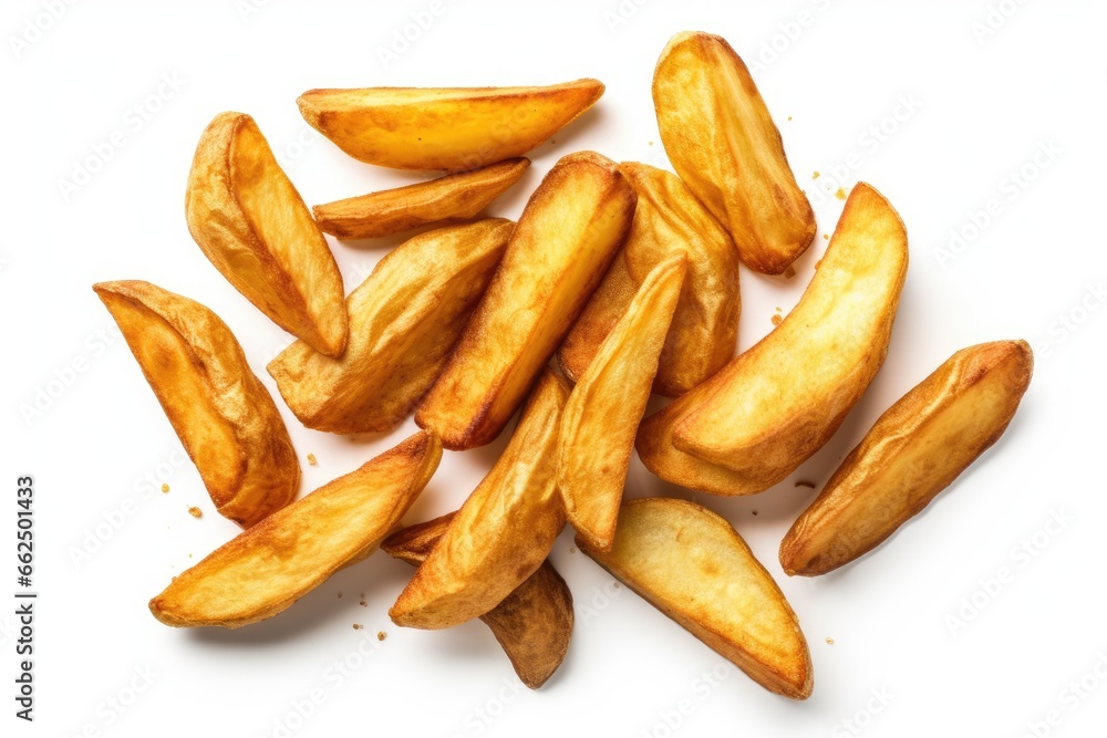 Top view of fried potato wedges alone on white surface Fast food - obrazy, fototapety, plakaty 