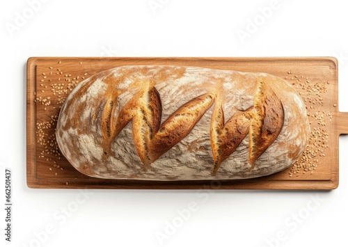 Top view of freshly baked bread on a wooden cutting board isolated on a white background