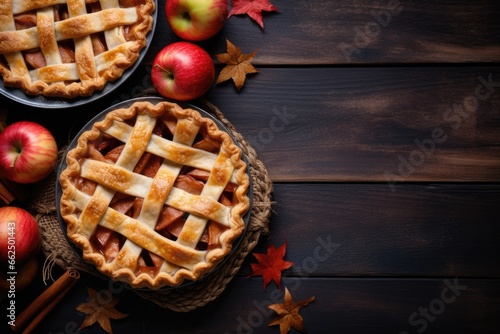 Top view of homemade organic apple pie on rustic background perfect for autumn Thanksgiving