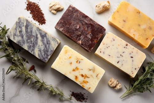 Top view of natural stone background with handmade soap bars and ingredients representing organic soap concept photo