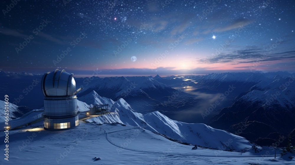 Winter mountain observatory with telescopes pointing towards a starry