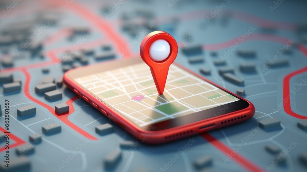 Smartphone with map, 3D Map pins, GPS, navigator pin checking points, 3D World Map icon, technology and application mobile smart phone with mobile, delivery tracking, transportation, generate by AI