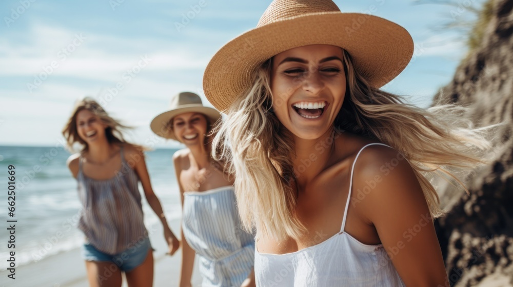 Friends frolicking along the shoreline, splashing water, with wide smiles and sun hats, showcasing a perfect beach day.