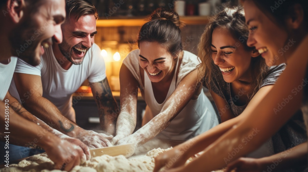 A cheerful group, hands covered in flour, laughing and baking together in a cozy kitchen, embodying friendship and collaboration.