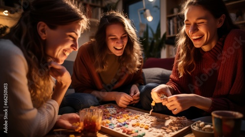 A vibrant group enjoying a spirited board game night  with snacks scattered around and a moment of cheerful dispute.