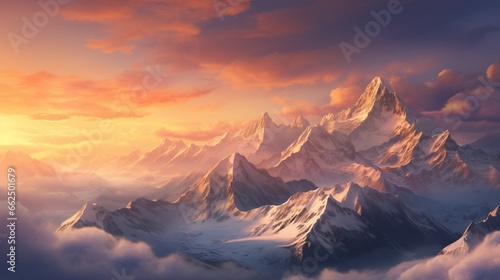 Winter mountain range bathed in the hues of a setting sun, the snow-covered peaks glowing in the fading light, creating a majestic wintry panorama.