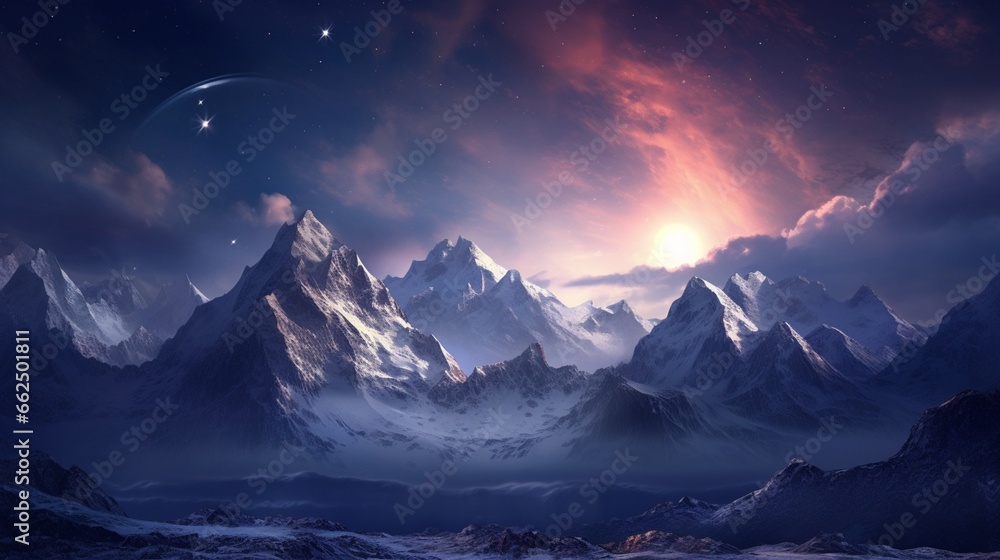 Winter mountains bathed in moonlight, snow-capped peaks shimmering under the celestial glow.