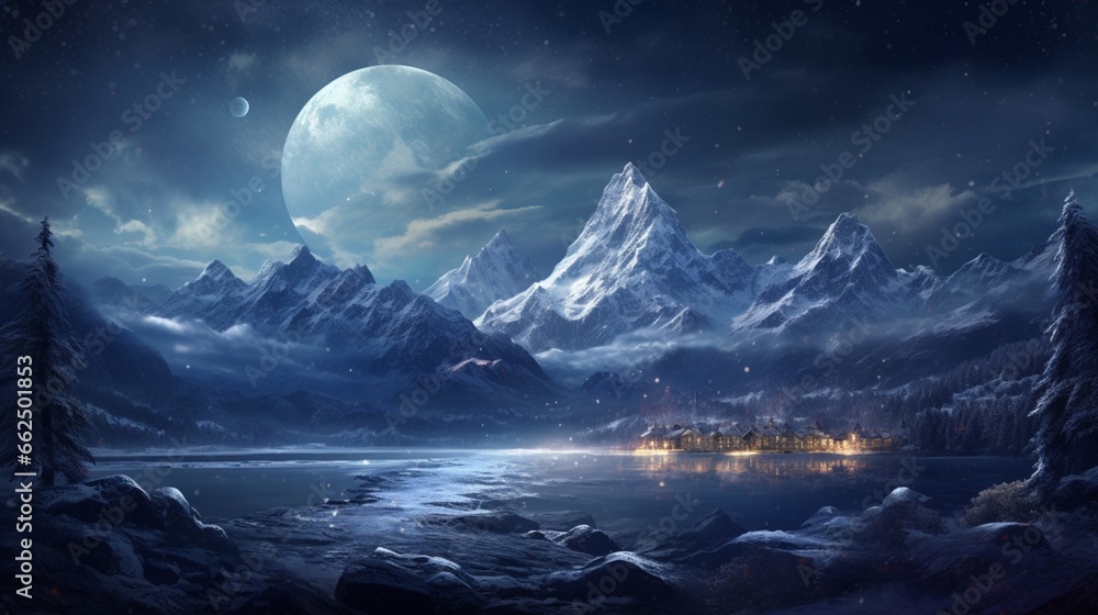 Winter mountains bathed in moonlight, snow-capped peaks shimmering under the celestial glow. Winter mountains bathed in moonlight, snow-capped peaks shimmering under the celestial glow.