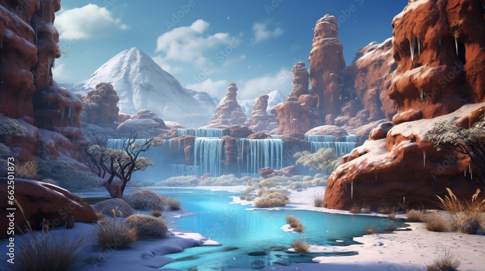 Winter oasis with an icy waterfall in a desert, a surreal contrast against arid surroundings.