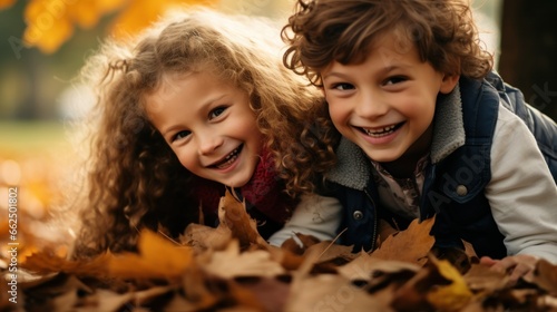 Two siblings, joyfully playing with colorful autumn leaves in a park, capturing the essence of innocent and playful relationships.