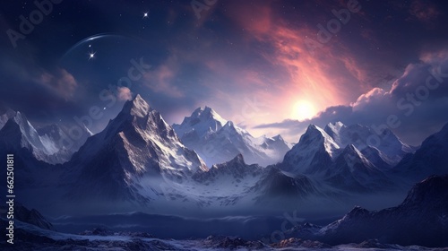 Winter mountains bathed in moonlight, snow-capped peaks shimmering under the celestial glow.