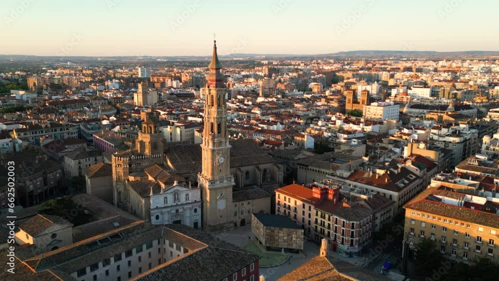Aerial view of Zaragoza city skyline at sunrise golden hour, Cathedral of the Savior, Roman Catholic church, Aragon, Spain Aerial view of Zaragoza city skyline at sunrise golden hour, Cathedral of the Savior, Roman Catholic church, Aragon, Spain