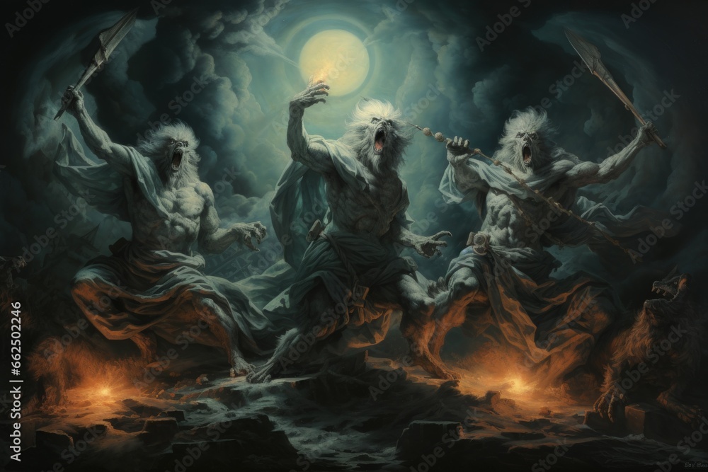 Fototapeta premium Fierce werewolves transforming under the light of the full moon - Generative AI
