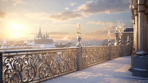Winter rooftop terrace of a historic building, with ornate railings adorned with delicate icicles, offering a breathtaking view of the snow-covered city below. photo