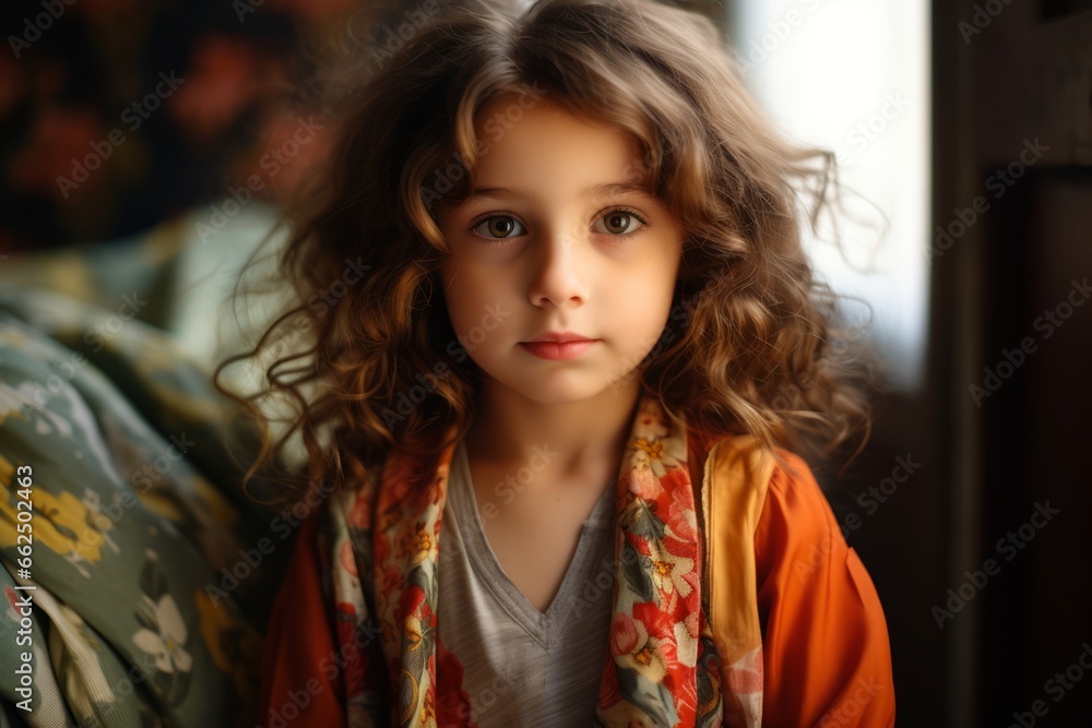 Portrait of a beautiful little girl with long curly hair in an orange scarf