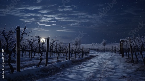 Winter vineyard at night under the moon's glow, snow-covered vines creating a magical scene.