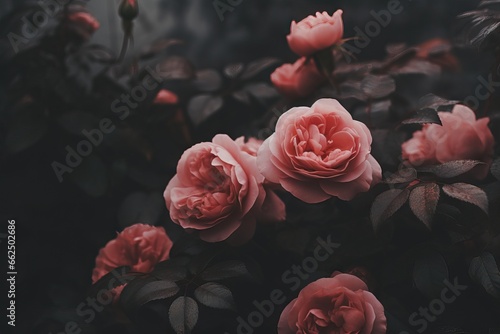 Fototapeta Naklejka Na Ścianę i Meble -  Beautiful rose bush on dark background. Moody flowers. Cursed, magic flower. Rosa Damascena or Damask rose. Romantic luxury background. Elegant love and passion concept