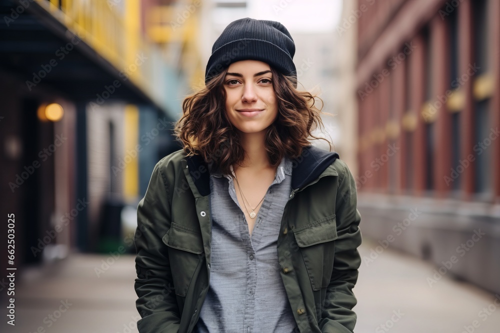 Portrait of a beautiful young woman in a hat and coat on the street Portrait of a beautiful young woman in a hat and coat on the street
