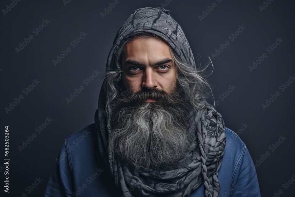 close-up portrait of an old man with a long beard and mustache in a turban on a dark background close-up portrait of an old man with a long beard and mustache in a turban on a dark background