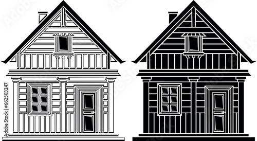 Stylized contour and black gothic house. Design and decor element, stencil or silhouette type. Highly detailed and accurate lines for print or engraving