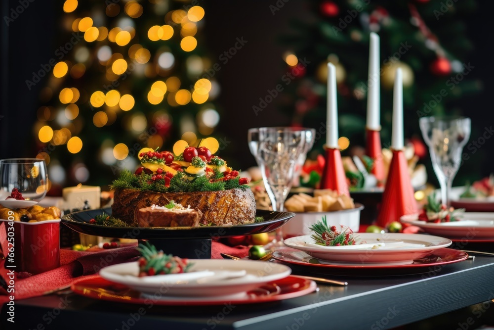 The Yuletide banquet displayed on the table, complemented by the presence of the Christmas tree in the background