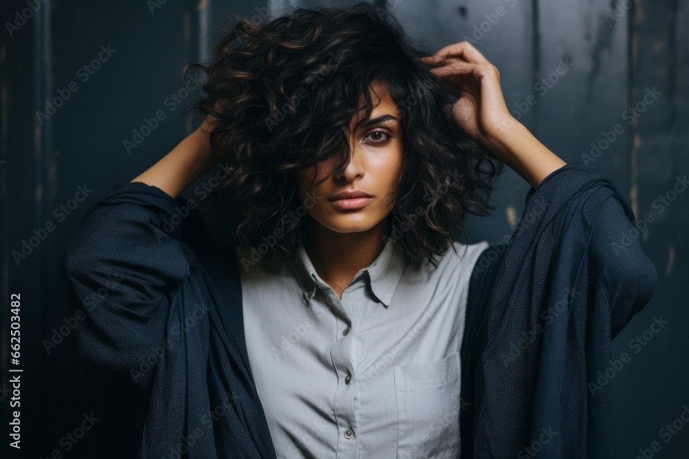 Portrait of a beautiful young brunette woman with curly hair. Portrait of a beautiful young brunette woman with curly hair.