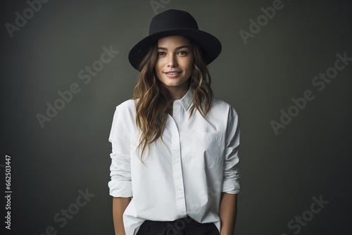 Portrait of beautiful young woman in white shirt and black hat.