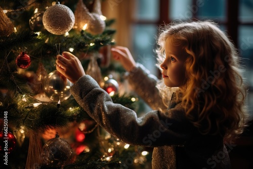 little girl decorates the Christmas tree with decorations
