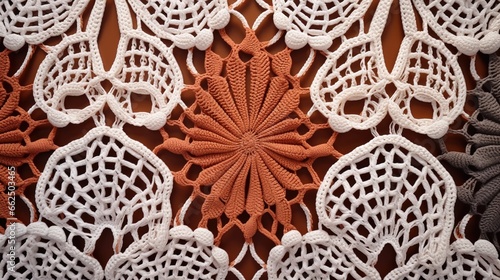 Seamlett crochet fabric pattern photo background. Flowers 3d crochet doily on a neutral colors granny chic style pattern. Vector mid century modern style. Handmade