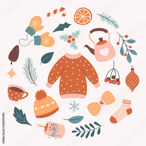 Winter set of cozy elements with plants and warm clothes