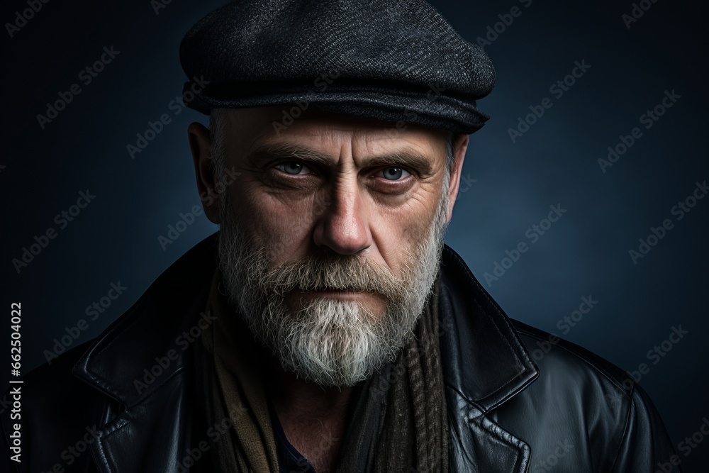 Portrait of an old man with a long gray beard and mustache in a black leather jacket and cap on a dark background Portrait of an old man with a long gray beard and mustache in a black leather jacket and cap on a dark background