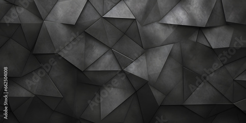 An artistic background featuring an abstract arrangement of black geometric polygons, creating a sense of depth and modernity through light and shadow