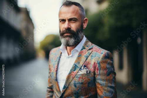 Portrait of a handsome bearded man in an elegant jacket. Men's beauty, fashion.