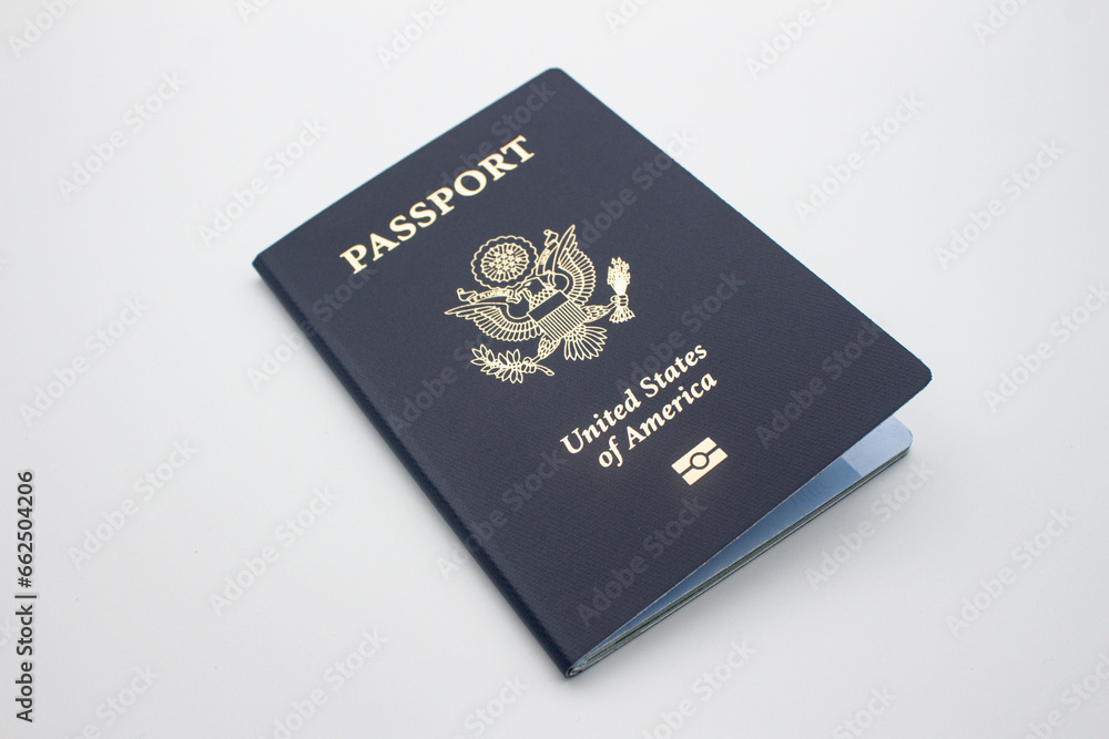 US biometric passport isolated on a white background with copy space.
