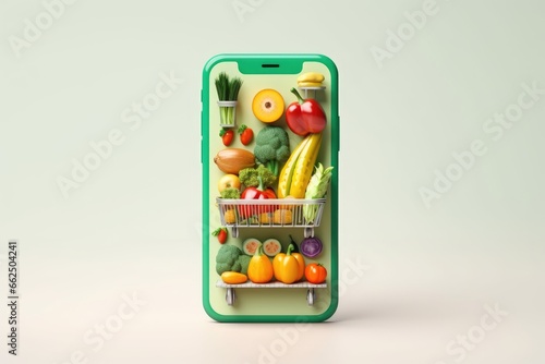 Smartphone with blank screen and fresh groceries. online grocery shopping app